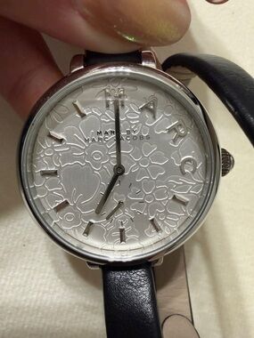 Marc Jacobs Silver Floral Embossed Dial Black Leather Strap Watch